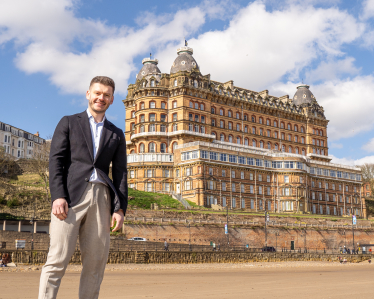 Keane Duncan outside The Grand Hotel in Scarborough